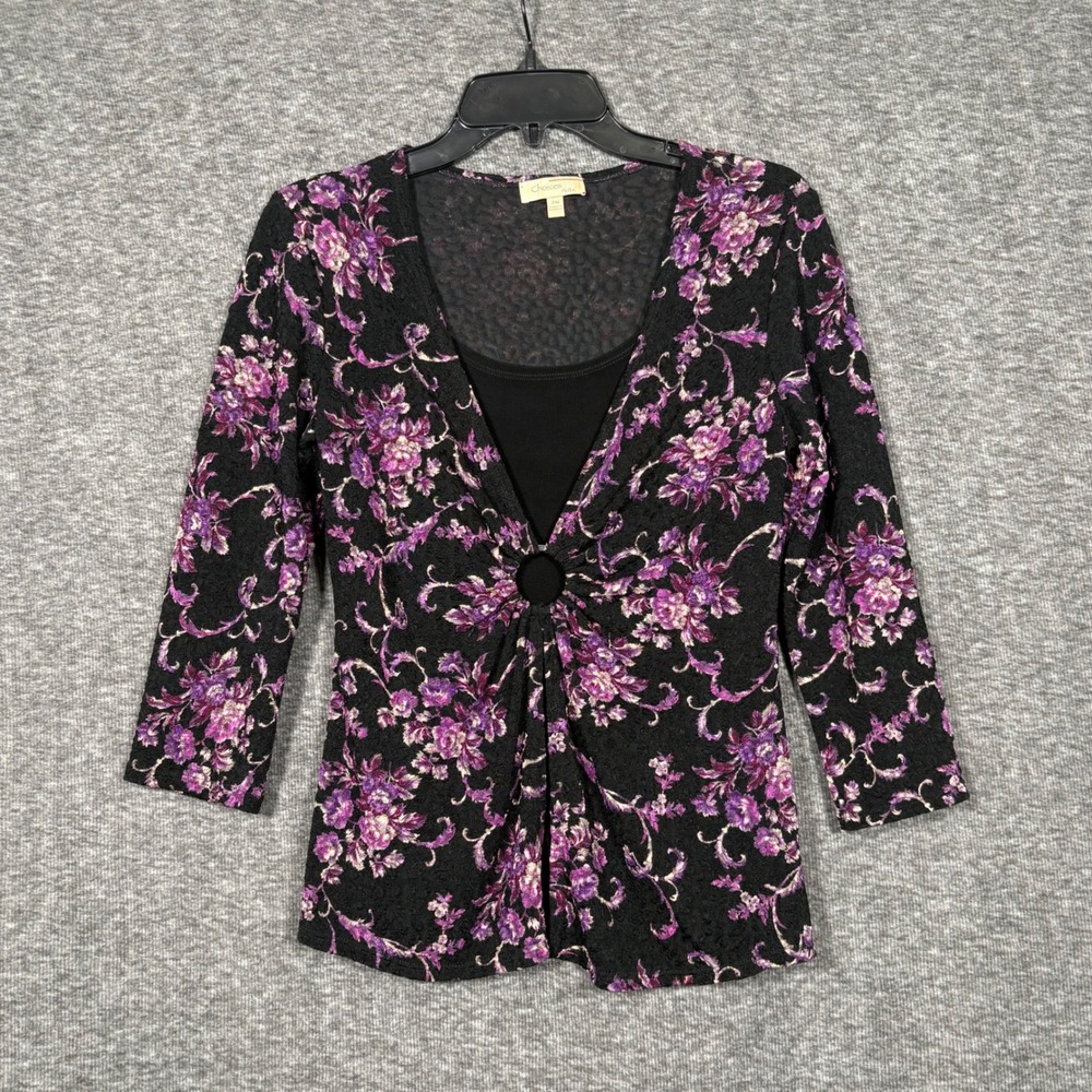 Choices Floral Black Purple Floral Textured Ruched Blouse Medium Petite Y2K
